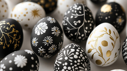 Easter eggs decorated with black ink and white pen, simple designs like dots, lines, leaves, flowers, and geometric patterns.