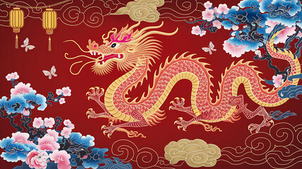 Obraz premium Majestic Chinese Dragon with Cherry Blossoms and Lanterns