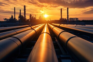 Gas Pipes. steel long pipes in crude oil factory during sunset: oil, energy, industry, crude oil, pipe, fuel, pipeline, equipment, gas, industrial
