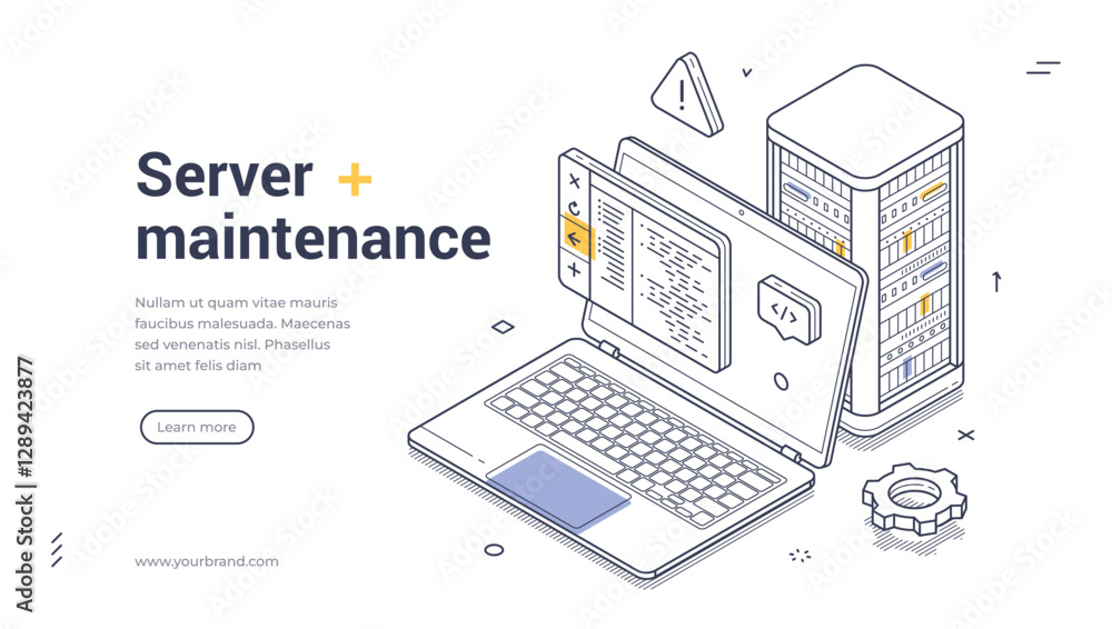 Poster server maintenance concept. web banner template features an isometric illustration showcasing a lapt