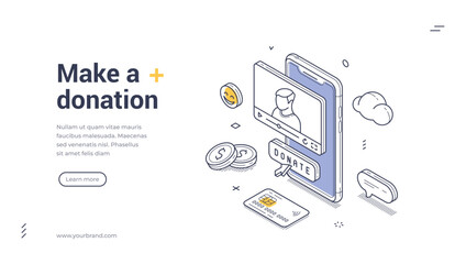 Online donation activities isometric web banner design. It includes a phone displaying a donation interface and various elements representing money and support. Vector illustration