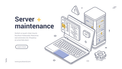 Server maintenance concept. Web banner template features an isometric illustration showcasing a laptop, server, and coding symbols. Vector illustration
