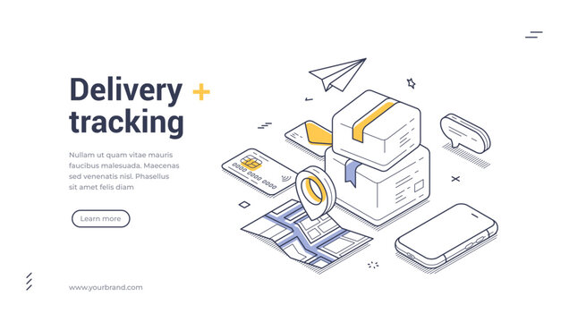 Web banner template focused on delivery tracking. It includes packages, a mobile device, and a map, all designed in a clean isometric style. Vector illustration
