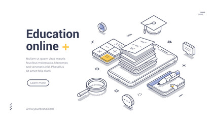 Online education concept web banner template. Elements include books, a smartphone, and study tools, perfect for promoting digital learning platforms. Modern vector isometric illustration