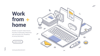 Web banner showcases an isometric design highlighting a laptop, smartphone, and various office supplies in a home workspace. Perfect for promoting remote work content or products