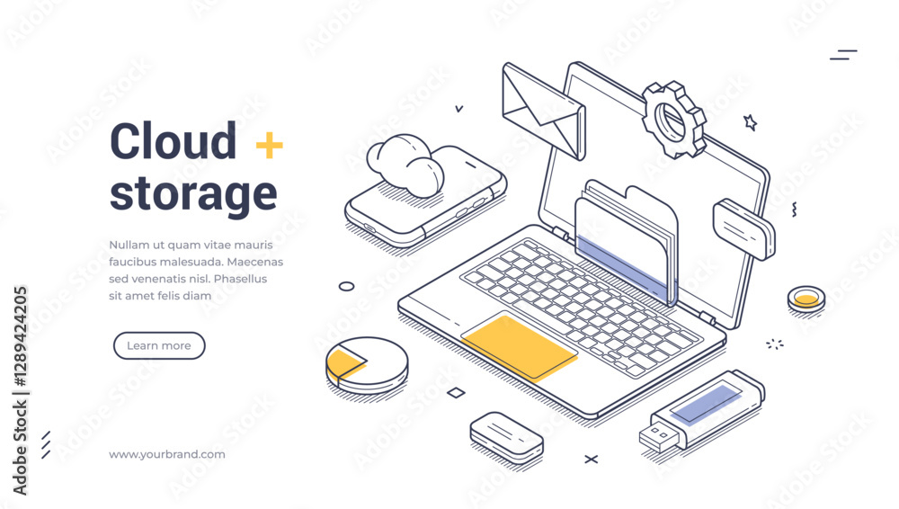 Poster cloud storage concept. web banner features an isometric design showcasing a laptop surrounded by var