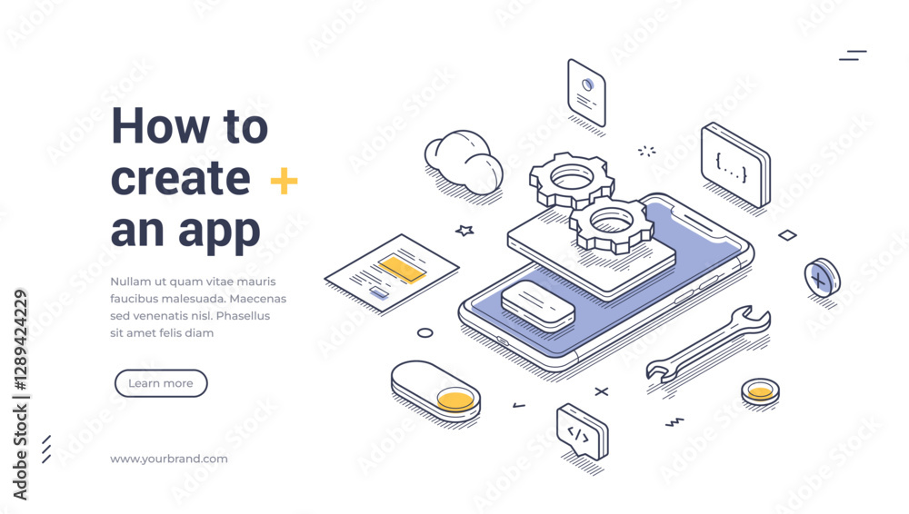 Poster mobile app development concept. web banner showcases an isometric design illustrating the process of
