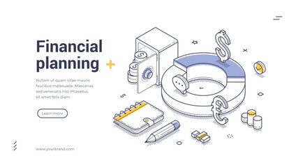 Financial planning concept. Web banner template showcases isometric line art elements related to budgeting and investment. Vector illustration
