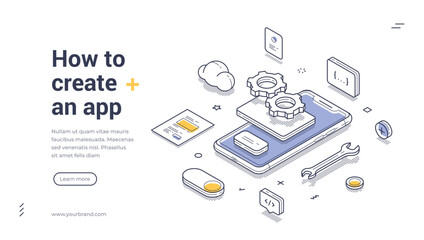Mobile app development concept. Web banner showcases an isometric design illustrating the process of creating an app. It features various elements like gears, a smartphone, and design tools