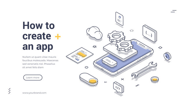 Mobile app development concept. Web banner showcases an isometric design illustrating the process of creating an app. It features various elements like gears, a smartphone, and design tools