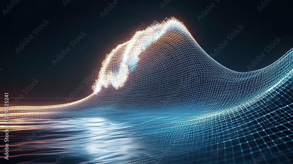 Poster a glowing wave of grid structures crashing like a tsunami