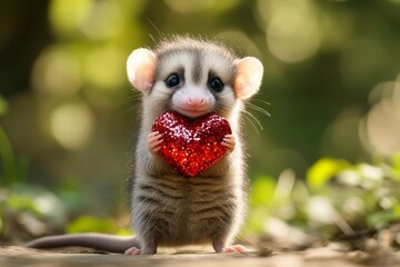 Fototapeta premium Cute opossum baby with sparkling rhinestones red heart on in a natural habitat. Opossum - my cherished animal. Ad campaign animal creative. Romantic red heart. Cute love scene in nature.