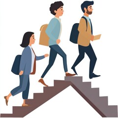 Fototapeta premium Transparent background cartoon image of coworkers climbing stairs