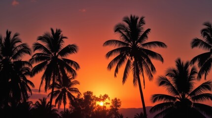 Naklejka premium Palm trees silhouetted against a colorful sunset sky, orange and pink hues, creating a tranquil and serene tropical evening scene.