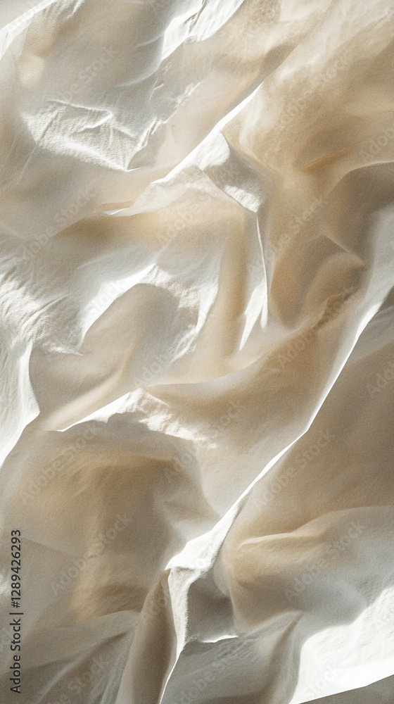 Poster close-up of crumpled white fabric with soft light casting shadows, symbolizing texture, elegance, an