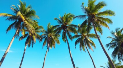 Palm trees reaching up towards a clear blue sky, sunlight shining through the lush green fronds, creating a bright, tropical atmosphere.