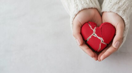A person is holding a broken heart. The heart is red and has been shattered into pieces. The person is holding the heart with their hands, and it is a symbol of love and affection