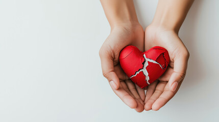 Fototapeta premium A person is holding a heart that is broken in half. The heart is red and the person is holding it with their hands. Concept of sadness and loss, as the heart is no longer whole and has been damaged