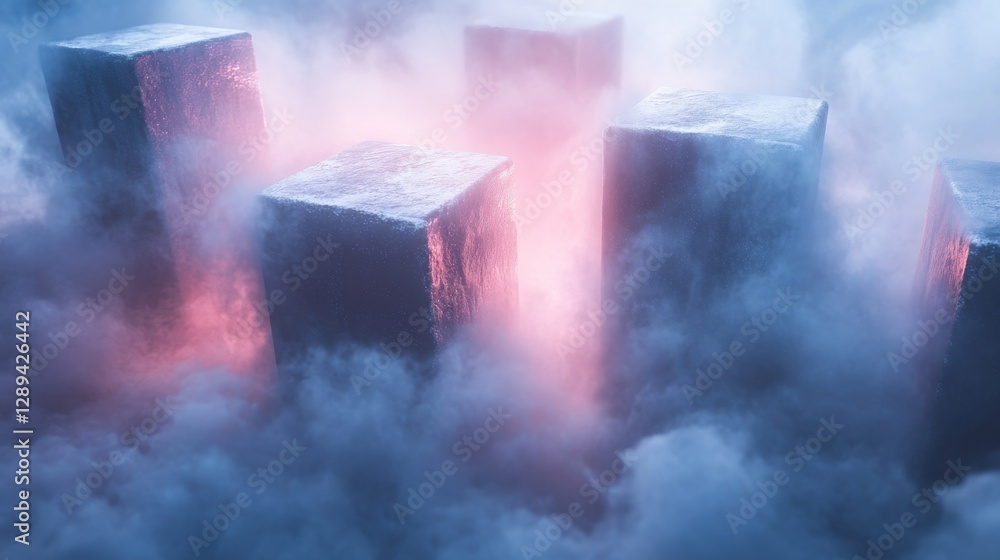 Poster massive cubes floating within a dense fog surrounded with light