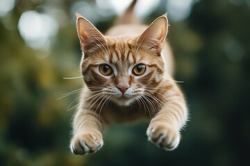 A vibrant orange tabby cat leaping with outstretched paws