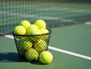 Tennis ball basket filled with tennis balls near the net on a green court, sunlight highlighting the scene, with court lines visible in the background.