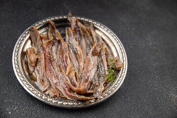 Anchovy fillet fish seafood snack aperitif fresh tasty food dish delicious gourmet food background on the table rustic food top view copy space pescetarian diet