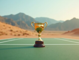 A silver tennis trophy rests on a green Indian Wells Masters court, with desert sand and distant mountains highlighting the event’s unique setting.