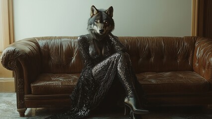 a glamorous wolf-woman hybrid sitting on a sofa in an elegant setting, wearing a shimmering dress, warm and refined atmosphere, a glamorous wolf-woman hybrid lounging on a golden sofa in an opulent se