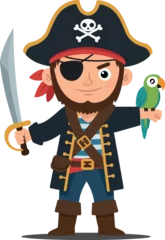 Cartoon pirate character with sword and parrot in flat, colorful style showcasing adventure and mischief in vector art