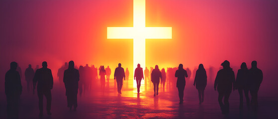 catholic religious background with bright crest shape  illuminating in the red sky & darkness with crowd of people walking; concept of resurrection, easter 2025, belief, faith
