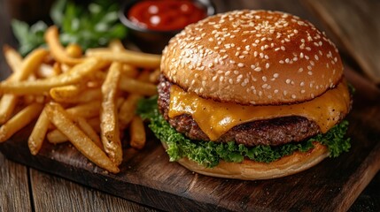Cheeseburger, fries, ketchup, wood, table, menu, restaurant, food, photography, advertising