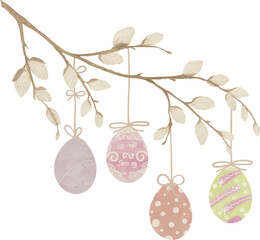 Vector Watercolor willow branch with Easter colored eggs, modern branch for Printable Cards invitations greeting cards vector