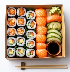 Freshly Prepared Sushi Box with Assorted Rolls, Salmon Slices, Cucumber, and Soy Sauce for Delicious Japanese Cuisine Experience