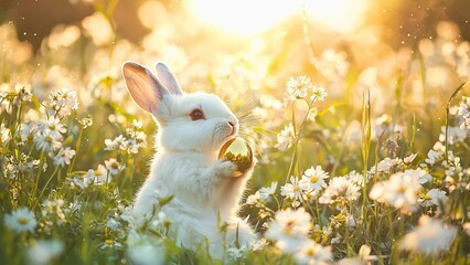 Fototapeta premium an easter bunny holding an egg in a flower field.