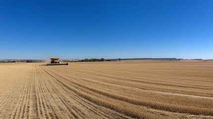 Fototapeta premium A field of wheat being harvested by a combine under a clear blue sky
