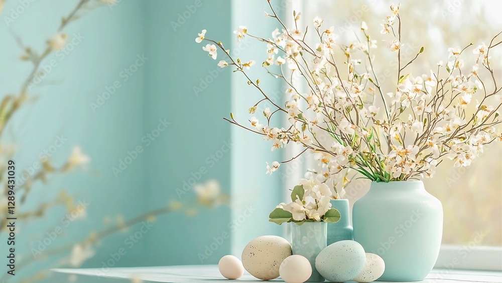 Poster a close up shot of a vase of white flowers with some eggs on a table in front of the window.