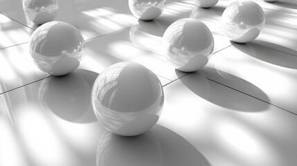 Shiny white spheres rolling across a highly reflective tiled surface