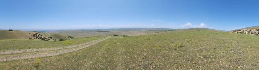Fototapeta premium mountain, georgia, landscape, hills, greenery, shrubs, wildflowers, dirt, path, terrain, rolling, vegetation, rural, nature, foreground, background, elevation, outdoors, environment, natural, slope, v