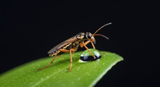 Detailed Sawfly Close-up on Green Leaf with Water Droplet - Nature Macro Shot.