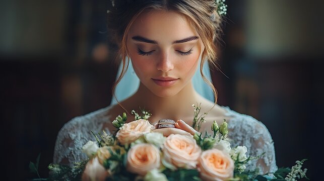 A close-up of intertwined hands resting on a wedding menu, with rings and floral accents