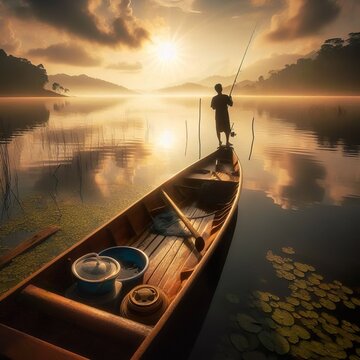 Landscape of man fishing at the lake in the evening