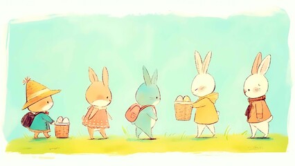 Fototapeta premium five rabbits carrying items, with a soft, whimsical style, reminiscent of a children's book illustration.
