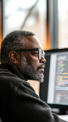 Fototapeta premium Focused man coding at computer workstation in modern office environment during daytime