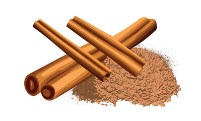 Close-up of cinnamon isolated on white background. Cinnamon sticks and cinnamon powder. Cinnamon spice isolated. Vector illustration.