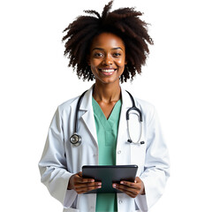 Friendly smiling african american female doctor with stethoscope and tablet. Ideal for telemedicine, healthcare marketing, and medical content. Isolated on transparent background.