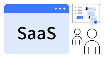 SaaS platform interface, payment processing window with pay button, abstract user icons. Ideal for software-as-a-service, subscription services, online payments, cloud applications, user management