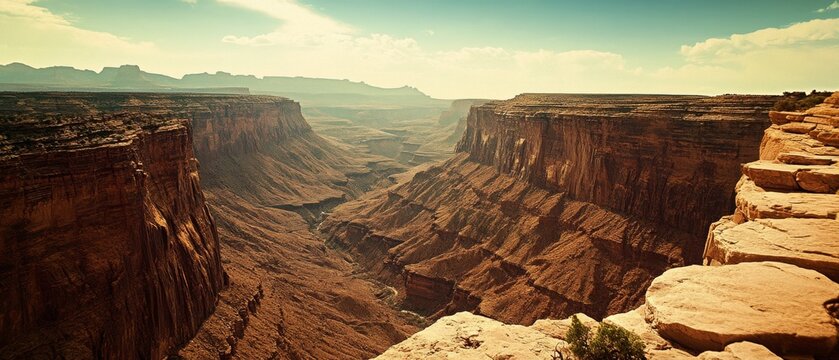 Grand canyon view unfolds under a pastel sky, revealing captivating depths and intricate terrain, bathed in soft afternoon light.