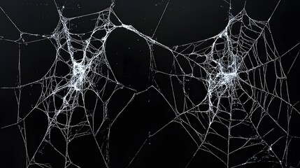 Black background with white spider webs, hanging from the left and right sides of the screen The webs are thin and long,
