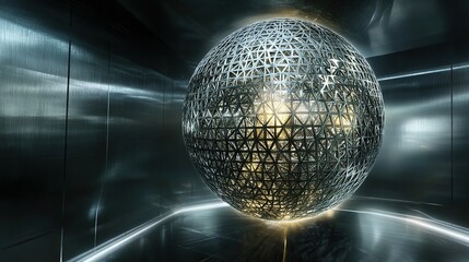 A massive orb made of intricate lattice grids illuminated in silver and gold hues