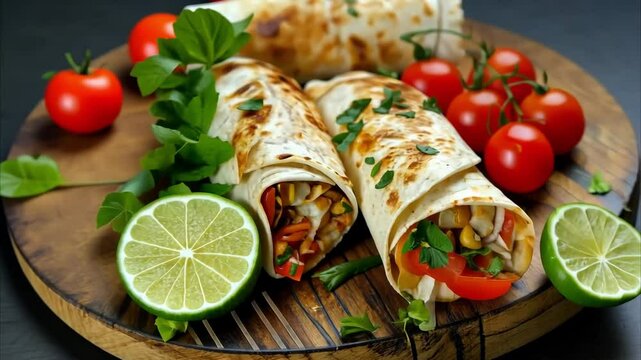Delicious grilled vegetable wraps with fresh tomatoes, lime, and parsley on a wooden board, creating a vibrant and appetizing presentation